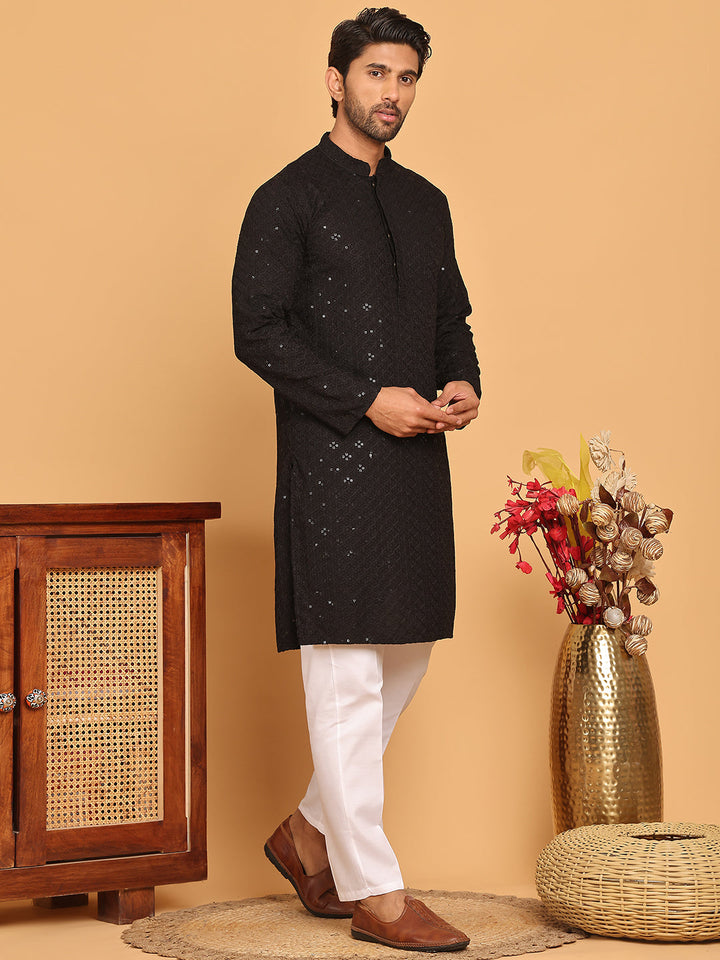Embroidered Chikankari And Sequence Kurta With Pyjama For Men