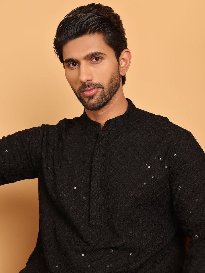 Embroidered Chikankari And Sequence Kurta With Pyjama For Men