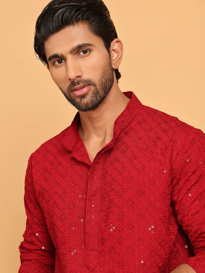 Embroidered Chikankari And Sequence Kurta With Pyjama For Men