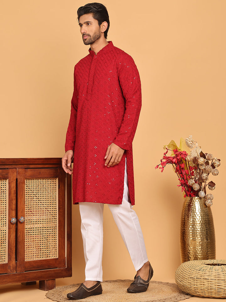 Embroidered Chikankari And Sequence Kurta With Pyjama For Men