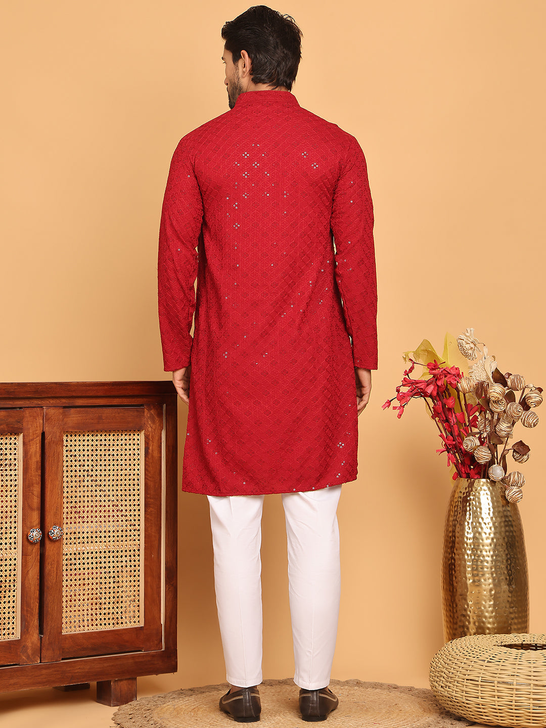 Embroidered Chikankari And Sequence Kurta With Pyjama For Men