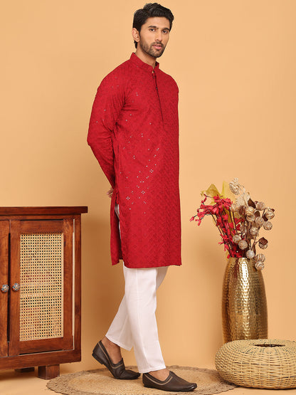 Embroidered Chikankari And Sequence Kurta With Pyjama For Men
