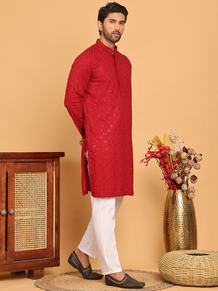 Embroidered Chikankari And Sequence Kurta With Pyjama For Men