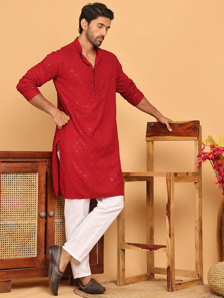 Embroidered Chikankari And Sequence Kurta With Pyjama For Men
