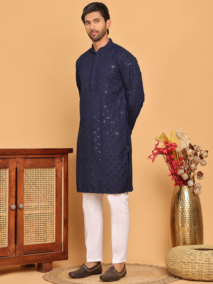 Embroidered Chikankari And Sequence Kurta With Pyjama For Men