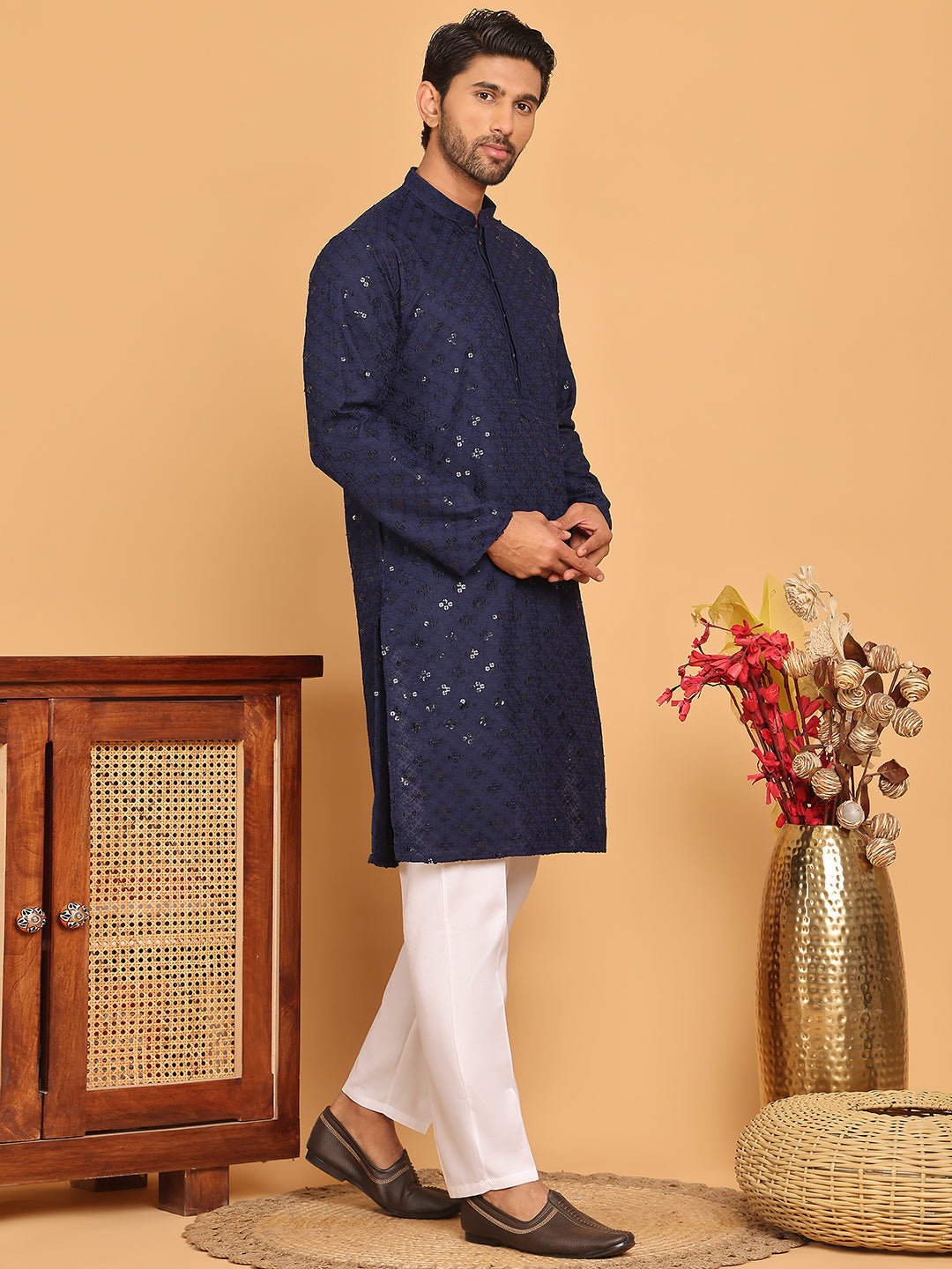 Embroidered Chikankari And Sequence Kurta With Pyjama For Men