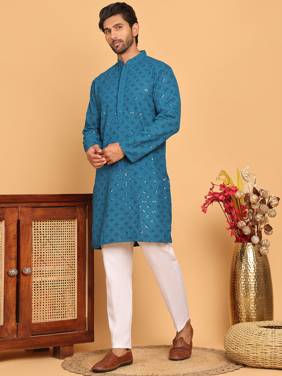 Embroidered Chikankari And Sequence Kurta With Pyjama For Men