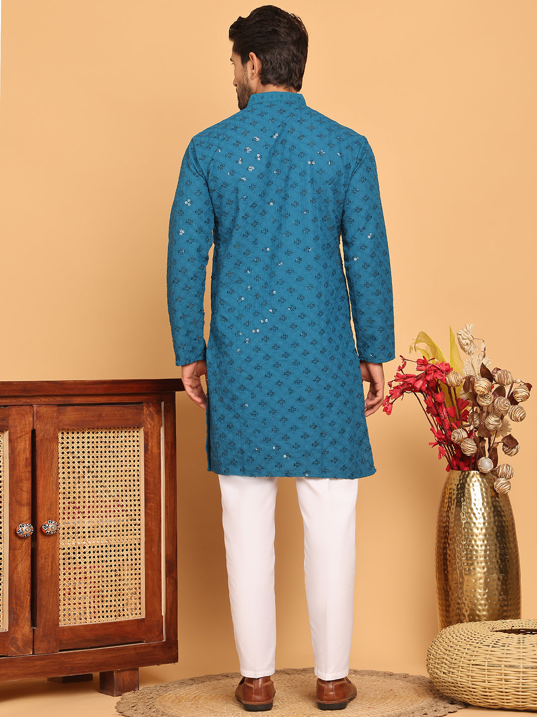 Embroidered Chikankari And Sequence Kurta With Pyjama For Men