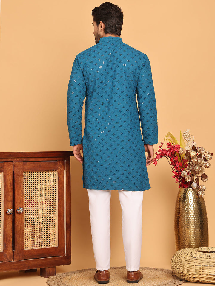 Embroidered Chikankari And Sequence Kurta With Pyjama For Men