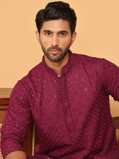 Embroidered Chikankari And Sequence Kurta With Pyjama For Men