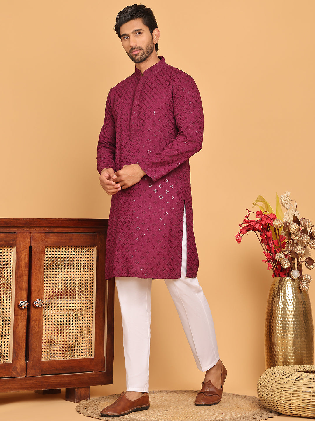 Embroidered Chikankari And Sequence Kurta With Pyjama For Men