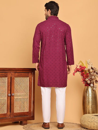 Embroidered Chikankari And Sequence Kurta With Pyjama For Men