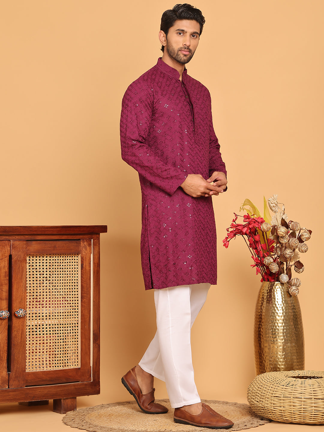 Embroidered Chikankari And Sequence Kurta With Pyjama For Men