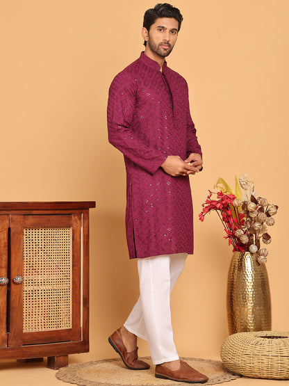 Embroidered Chikankari And Sequence Kurta With Pyjama For Men