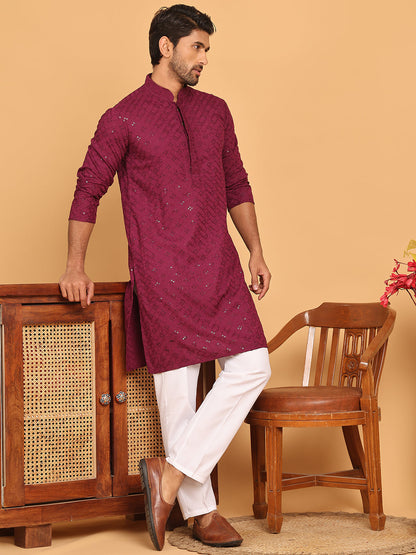 Embroidered Chikankari And Sequence Kurta With Pyjama For Men