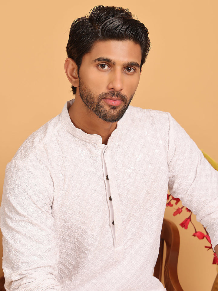 Embroidered Chikankari And Sequence Kurta With Pyjama For Men