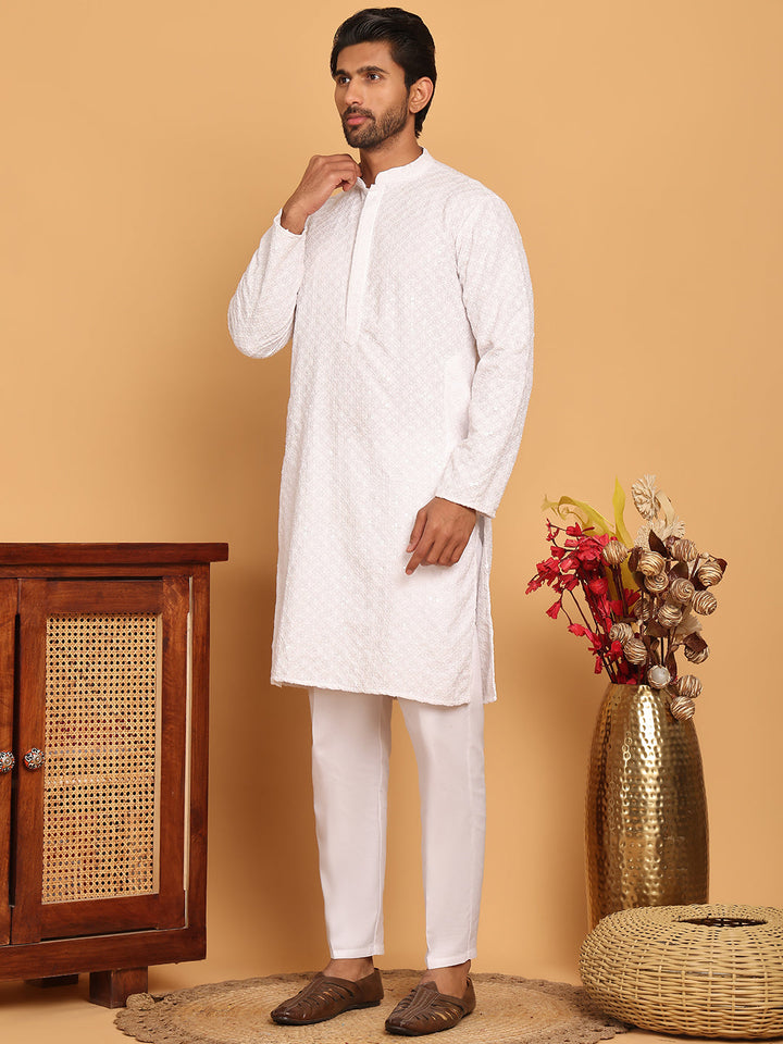 Embroidered Chikankari And Sequence Kurta With Pyjama For Men