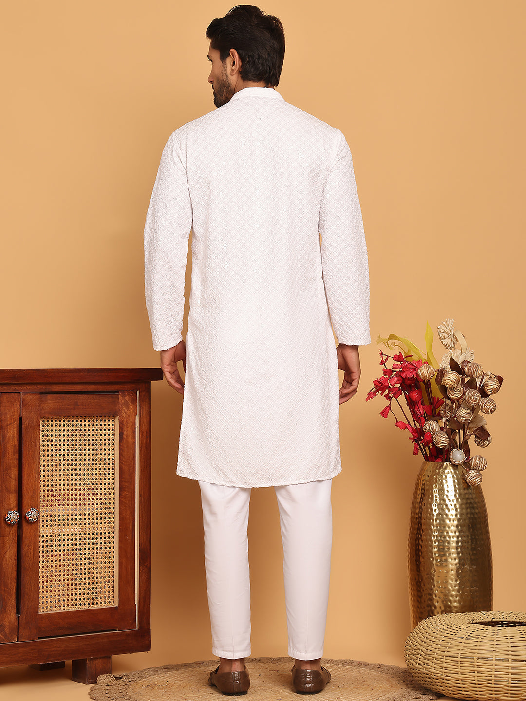 Embroidered Chikankari And Sequence Kurta With Pyjama For Men
