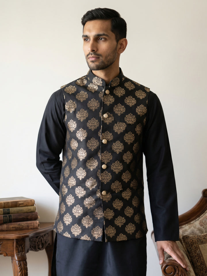 Silk Blend Traditional Printed Nehru Jacket