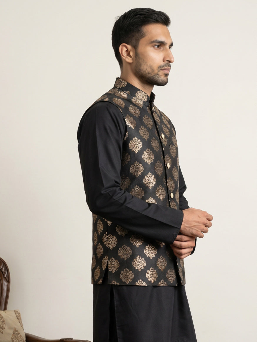 Silk Blend Traditional Printed Nehru Jacket