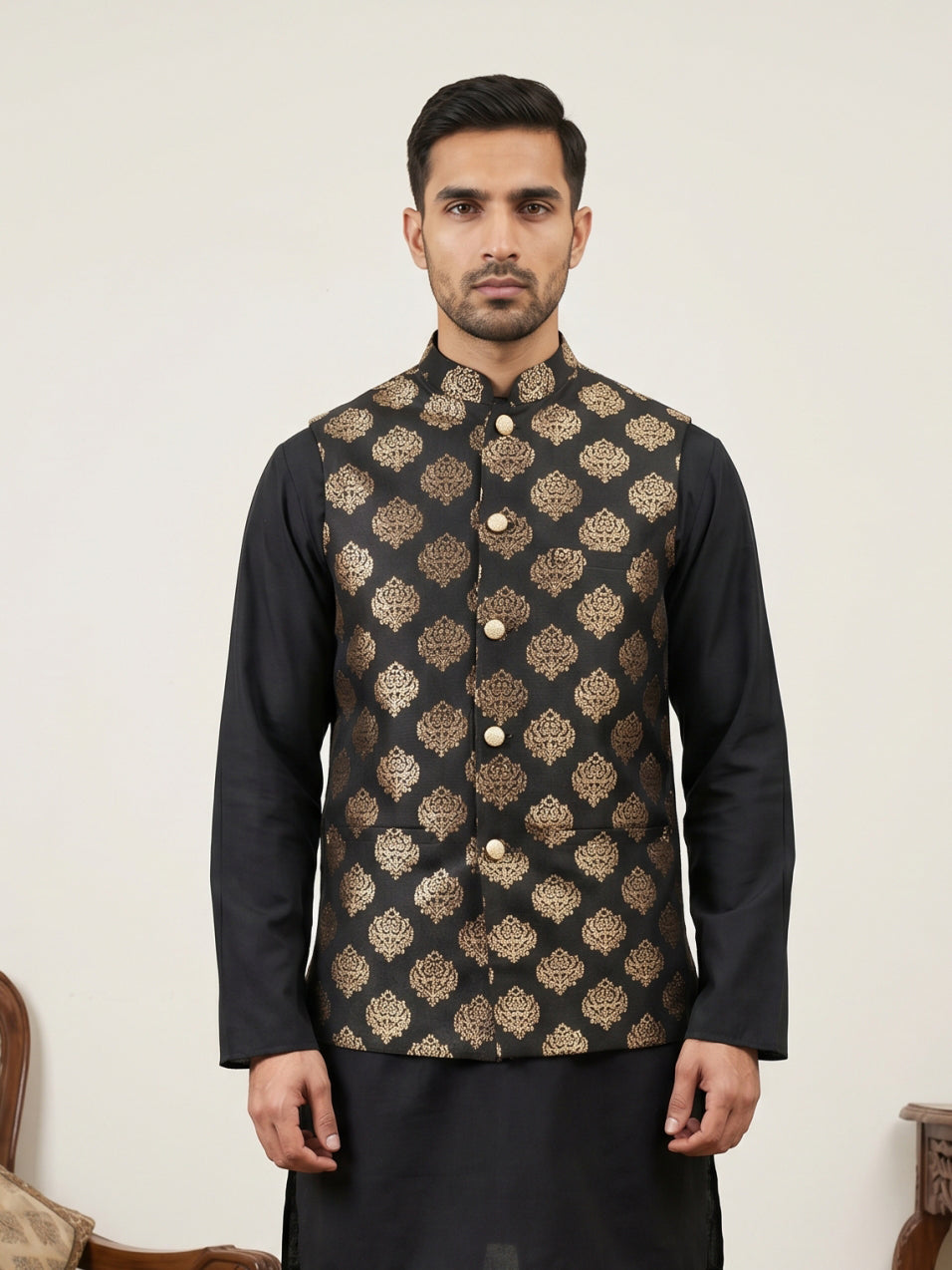 Silk Blend Traditional Printed Nehru Jacket