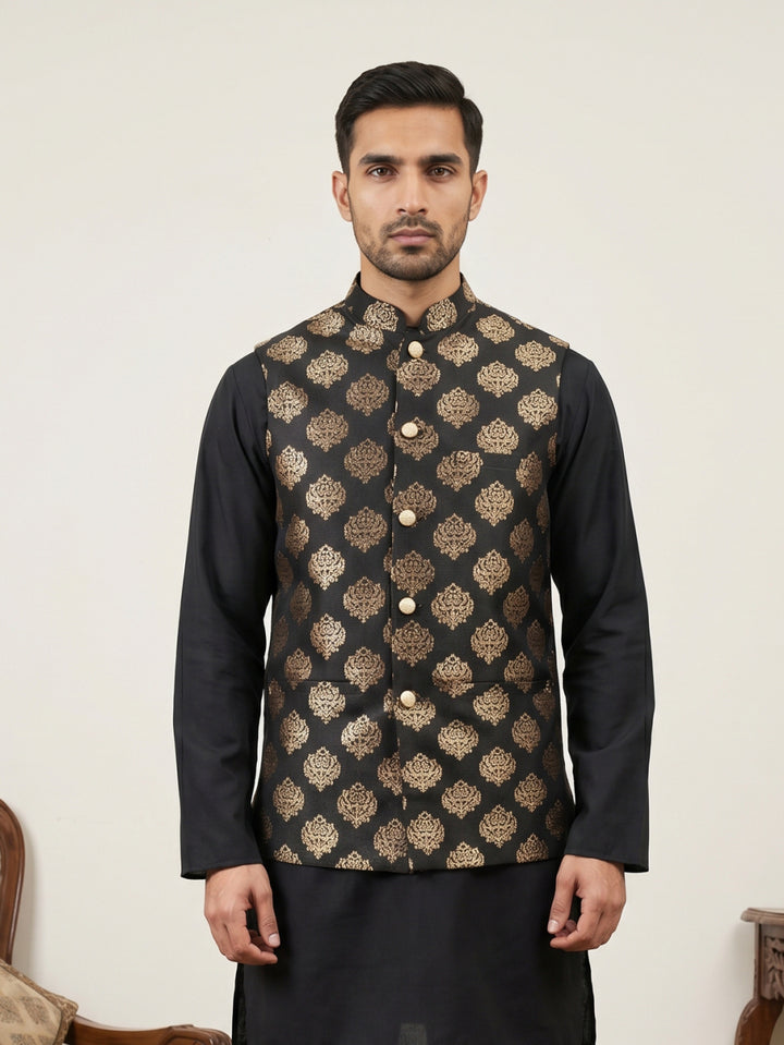 Silk Blend Traditional Printed Nehru Jacket