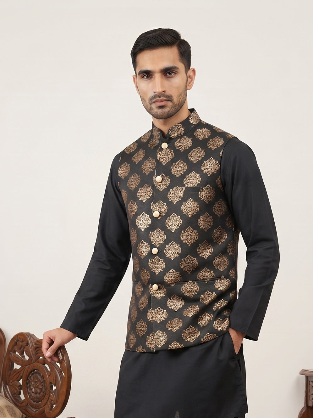 Silk Blend Traditional Printed Nehru Jacket