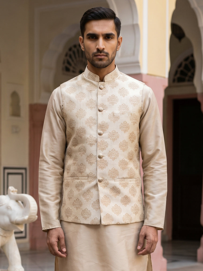 Silk Blend Traditional Printed Nehru Jacket