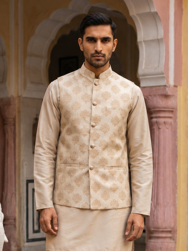 Silk Blend Traditional Printed Nehru Jacket