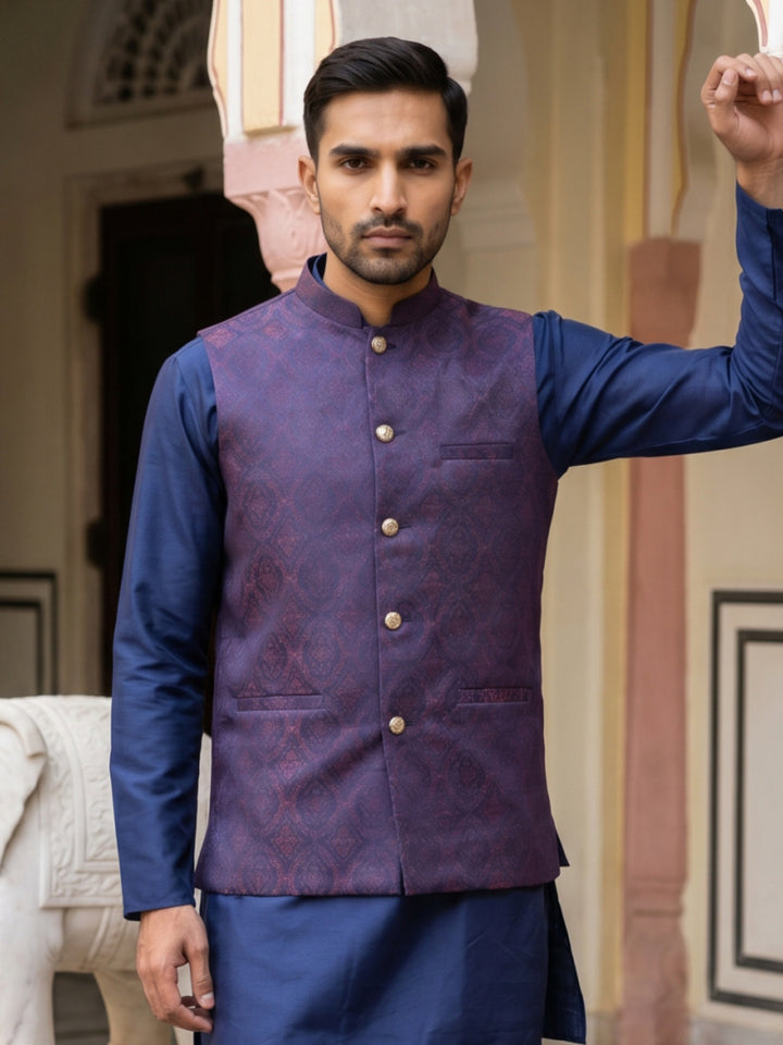 Silk Blend Ethnic Woven Nehru Jacket