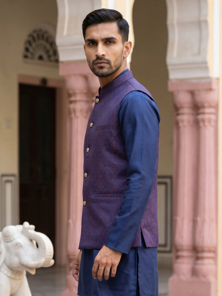 Silk Blend Ethnic Woven Nehru Jacket