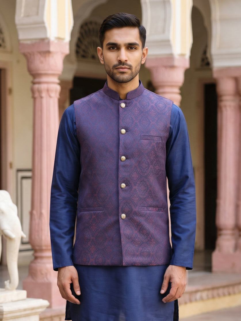 Silk Blend Ethnic Woven Nehru Jacket