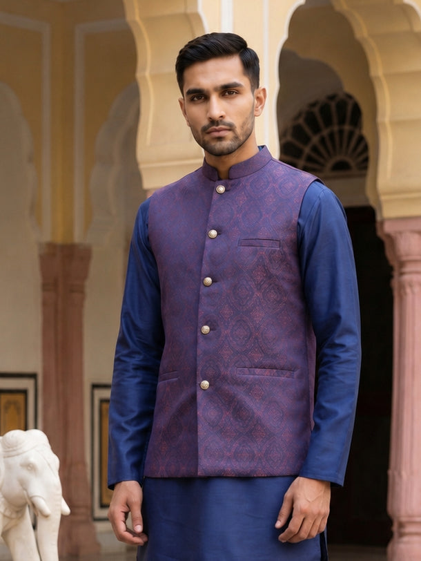 Silk Blend Ethnic Woven Nehru Jacket