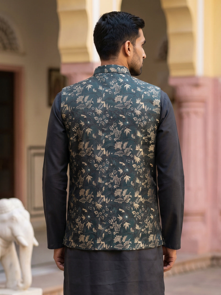 Embossed Silk Blend Nehru Jacket