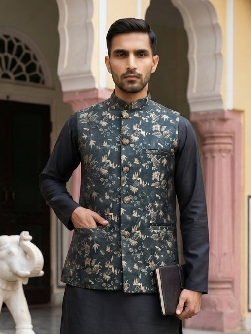 Embossed Silk Blend Nehru Jacket