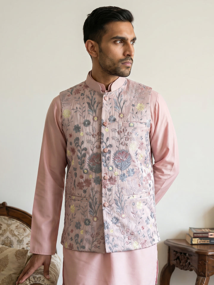 Floral Embroidered Silk Blend Nehru Jacket