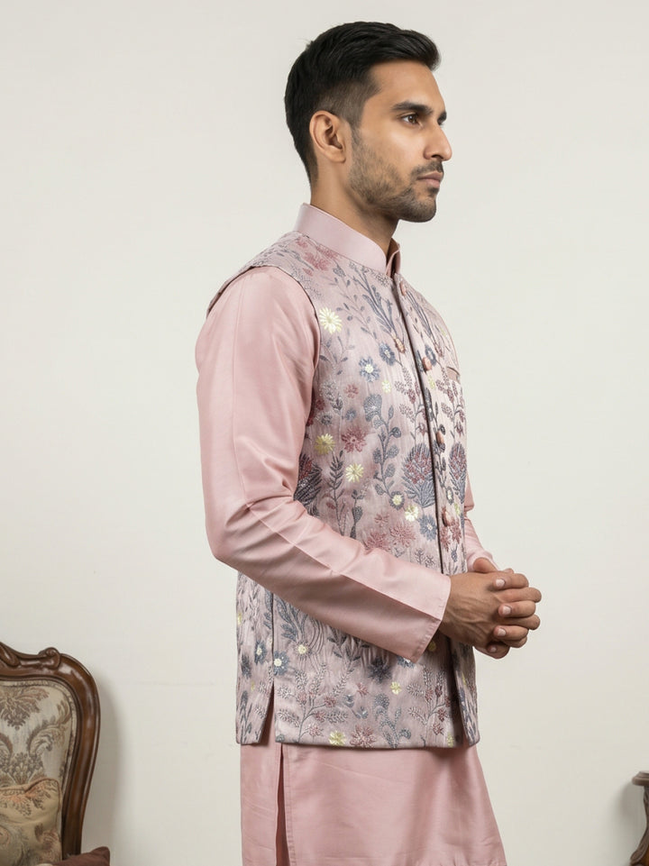 Floral Embroidered Silk Blend Nehru Jacket