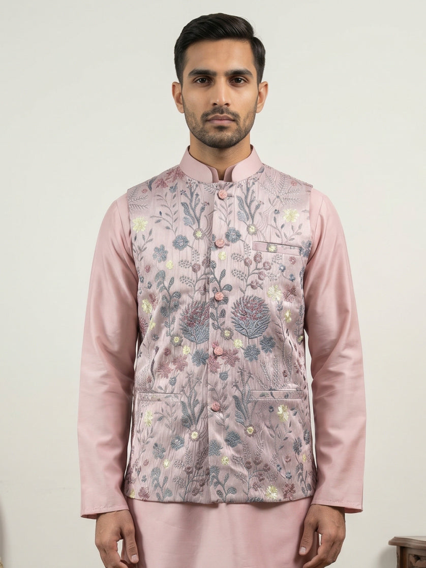 Floral Embroidered Silk Blend Nehru Jacket