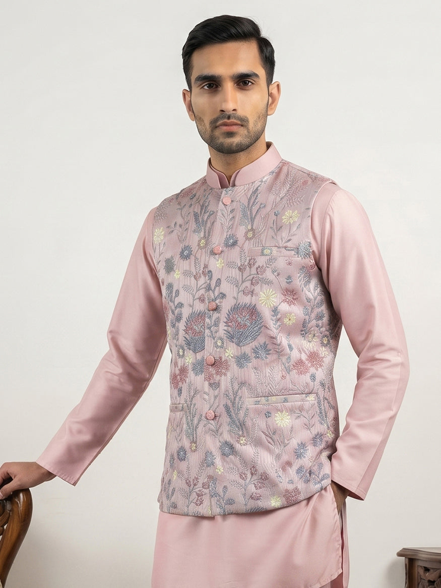 Floral Embroidered Silk Blend Nehru Jacket