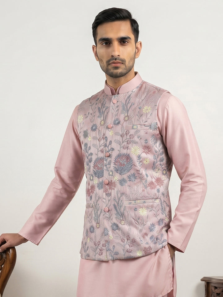 Floral Embroidered Silk Blend Nehru Jacket