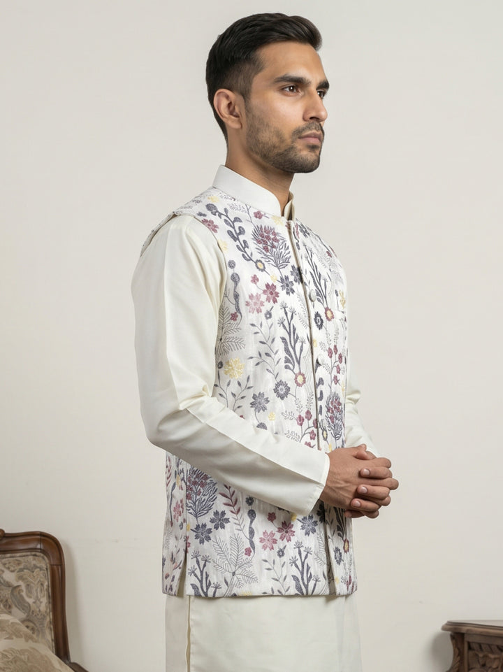 Floral Embroidered Silk Blend Nehru Jacket