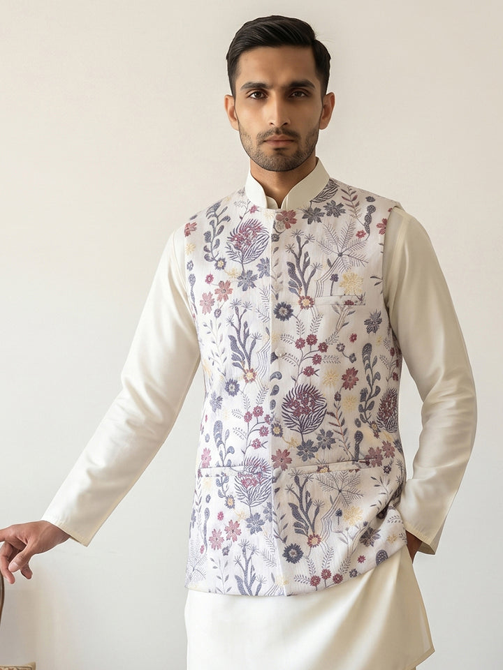 Floral Embroidered Silk Blend Nehru Jacket