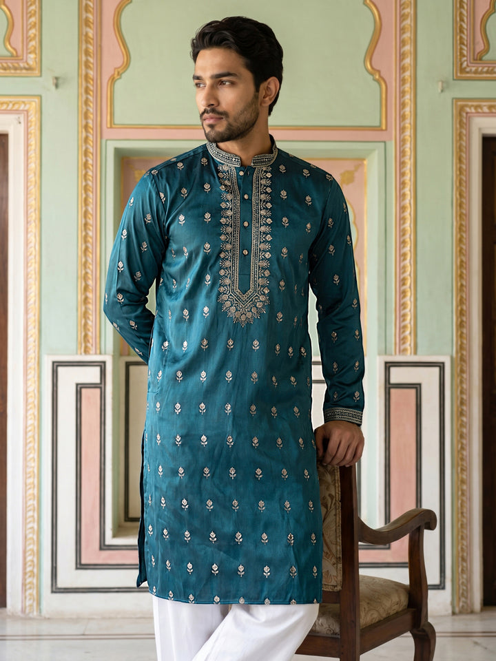 Silk Blend Embroidered Kurta For Men