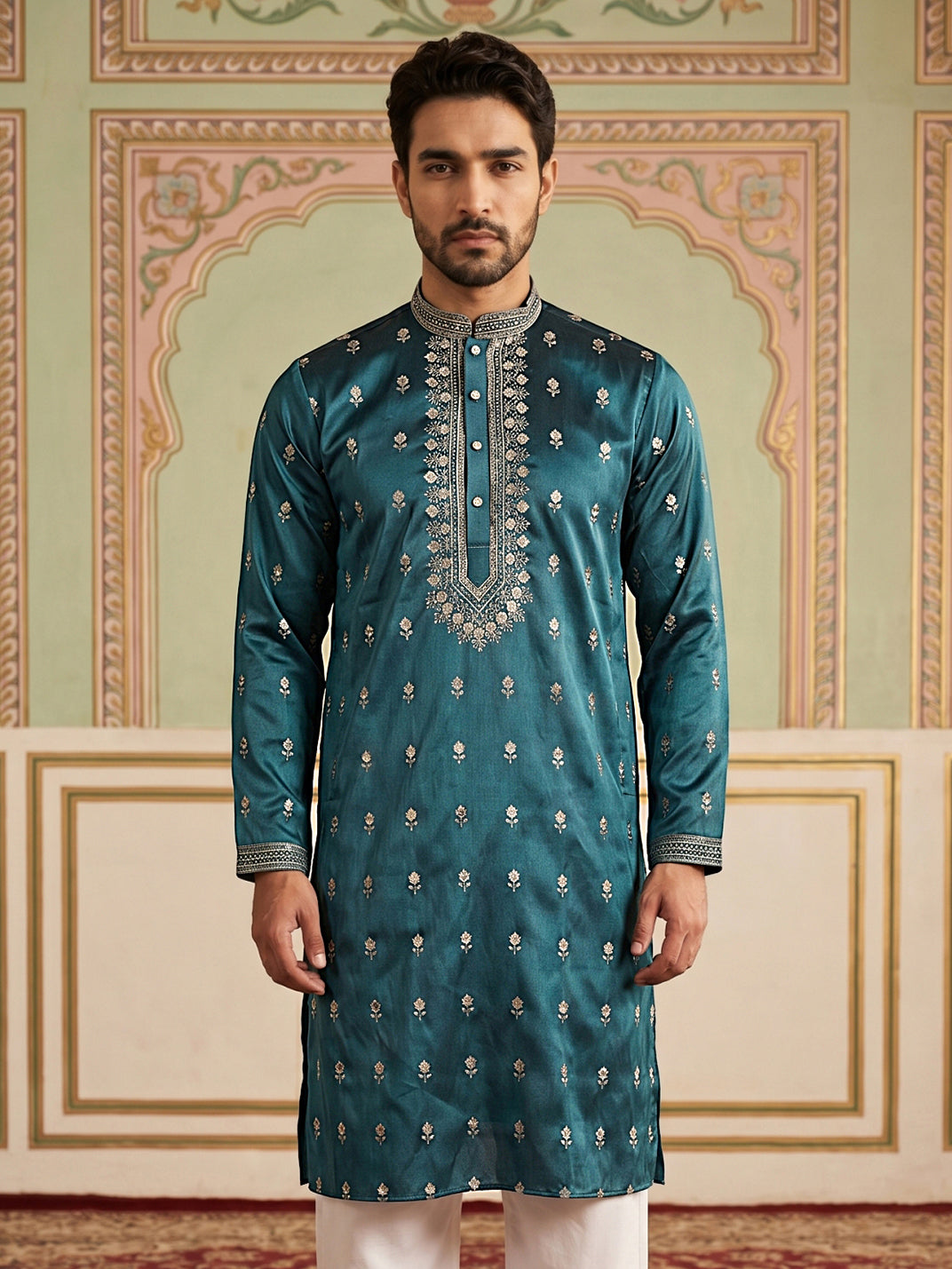 Silk Blend Embroidered Kurta For Men