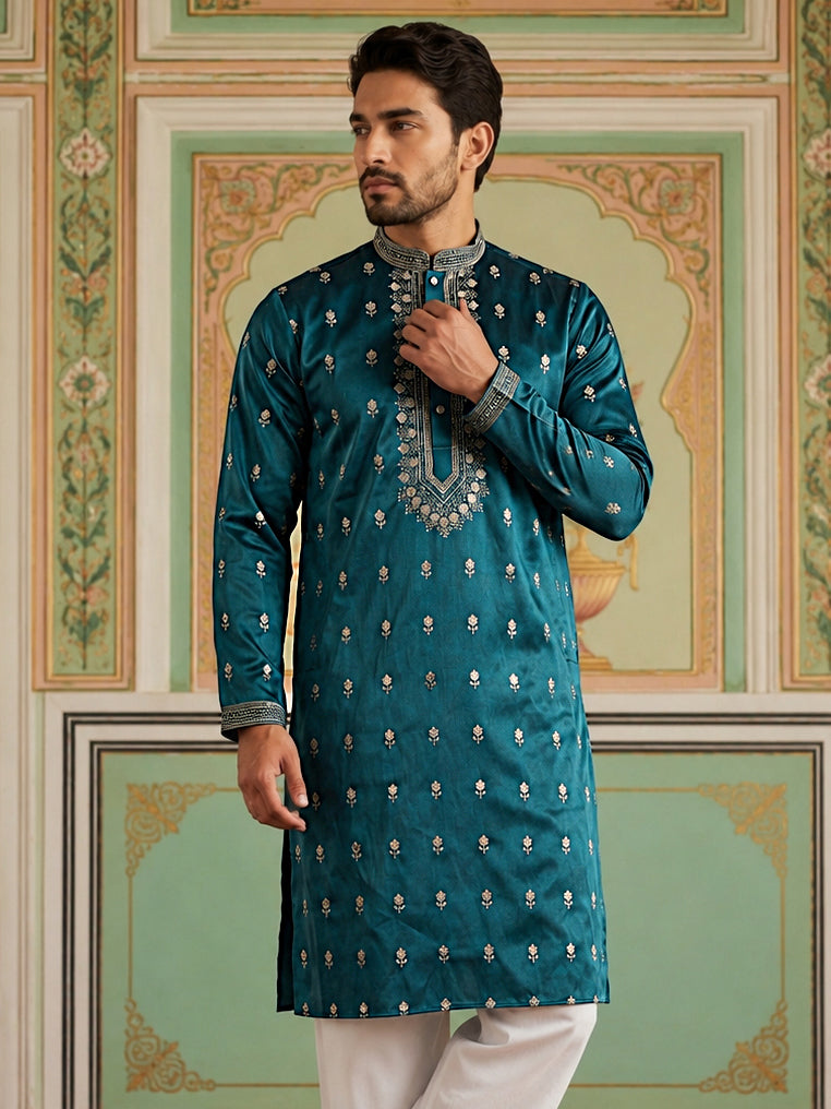 Silk Blend Embroidered Kurta For Men