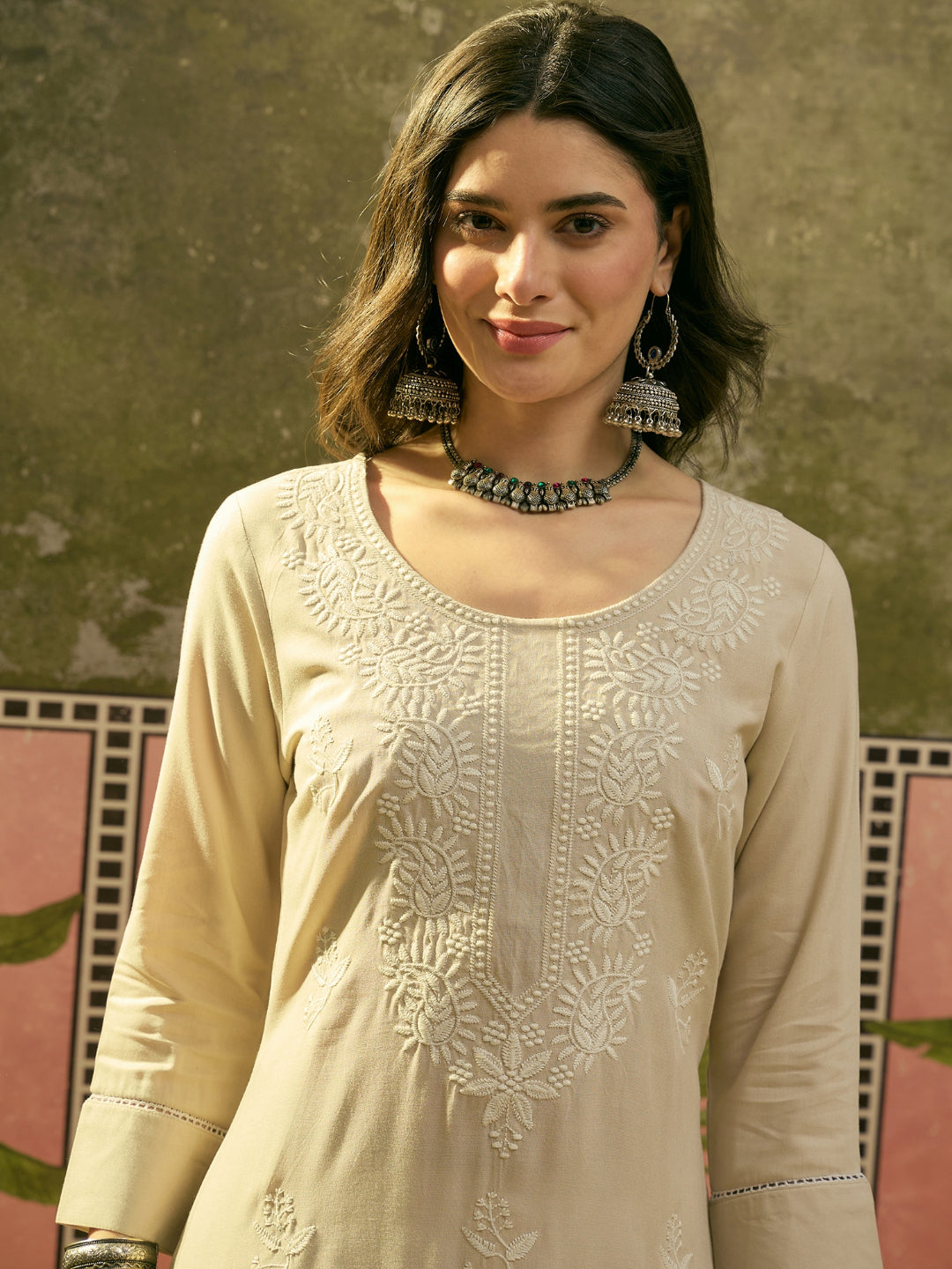 Solid & Embroidered Rayon Straight Kurta