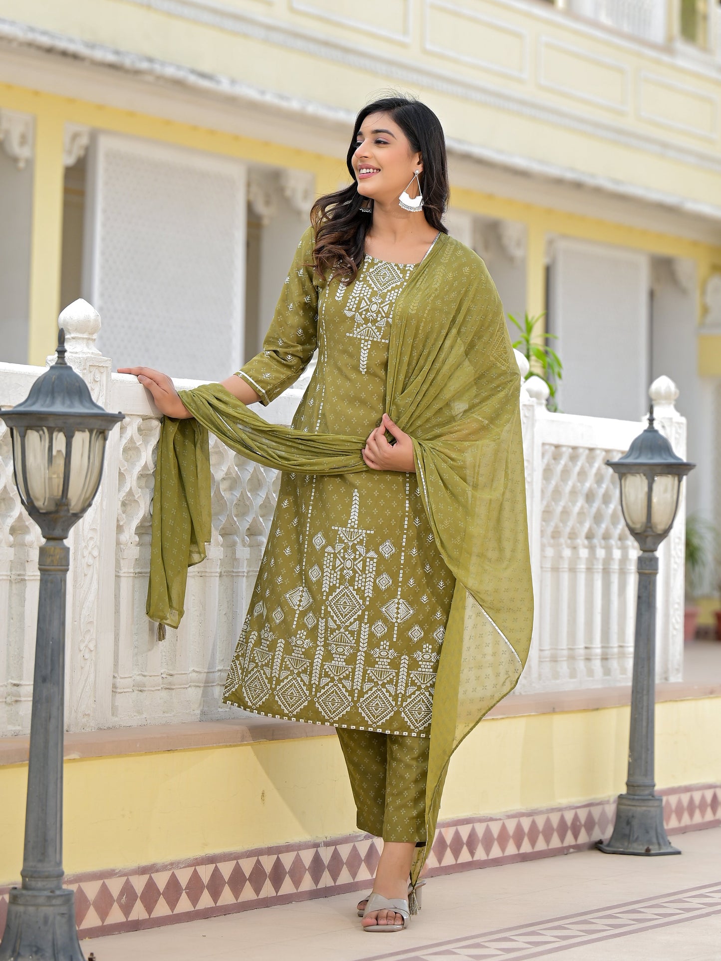 Olive Green Ethnic Motif Printed Viscose Kurta, Pant And Dupatta Set With Gota Patti Work