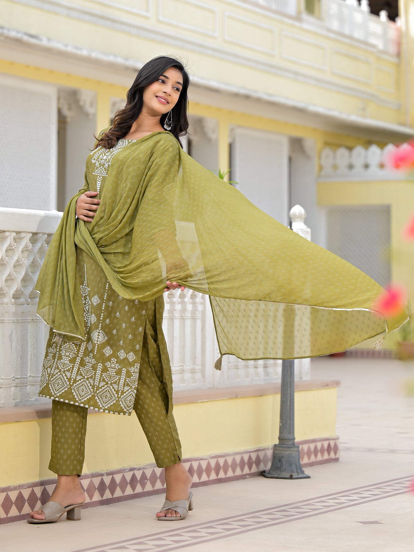 Olive Green Ethnic Motif Printed Viscose Kurta, Pant And Dupatta Set With Gota Patti Work