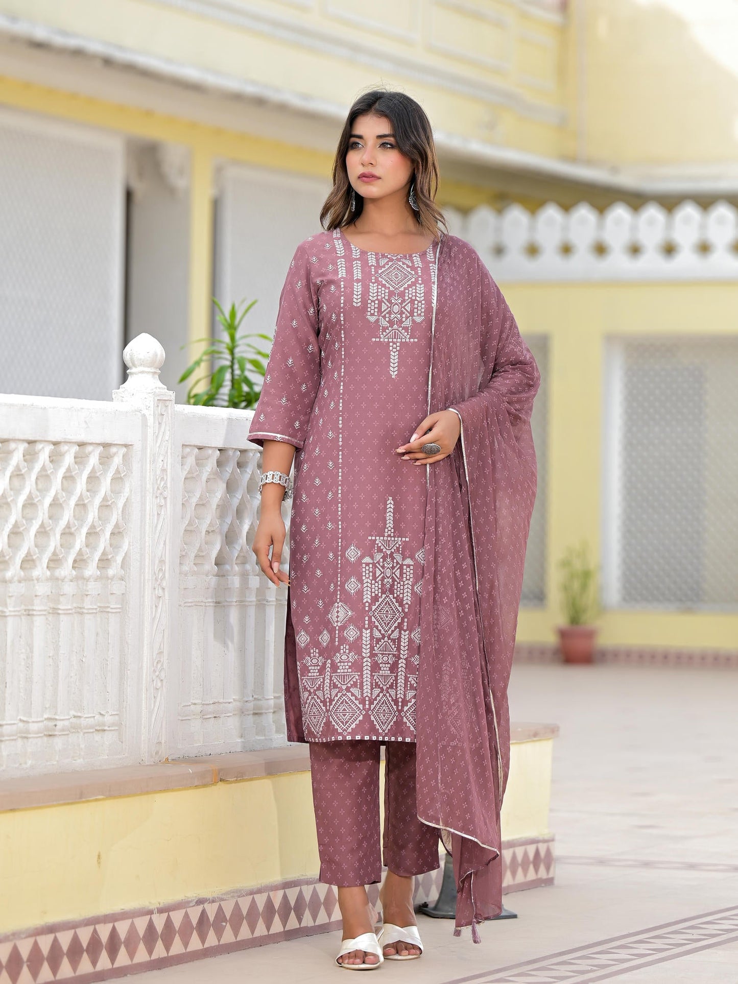Onion Pink Ethnic Motif Printed Viscose Kurta, Pant And Dupatta Set With Gotta Patti Work