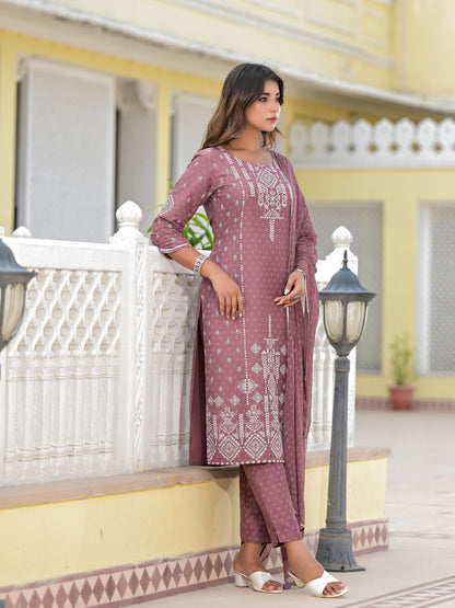 Onion Pink Ethnic Motif Printed Viscose Kurta, Pant And Dupatta Set With Gotta Patti Work